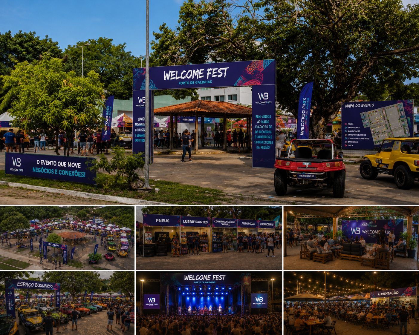 Portal de entrada e estandes da feira comercial do Welcome Fest
